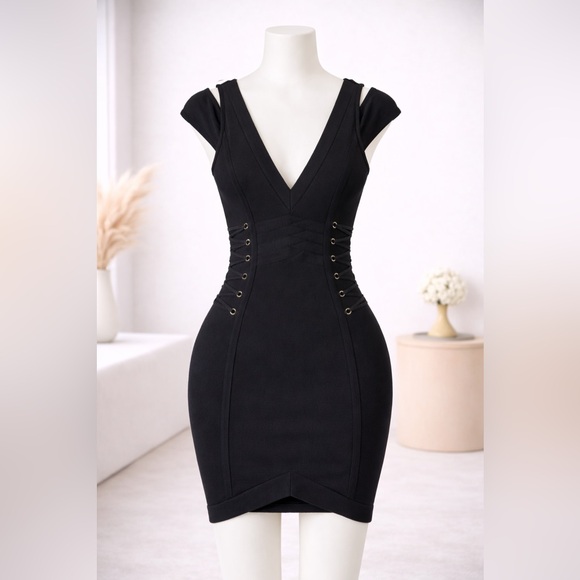 bebe Dresses & Skirts - Bebe Black Corset Lace Up Bandage Mini Dress Gold Zipper Size S